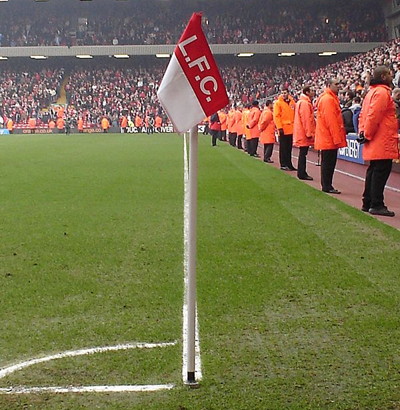 Square corner flag at Anfield, home of Liverpool FC