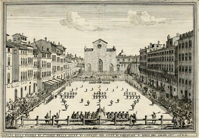 A Calcio Fiorentino game played at Piazza Santa Croce, Florence, Italy in 1688