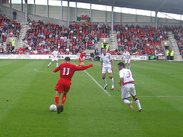 Ryan Giggs playing for Wales at the Racecourse Ground